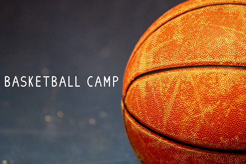 Picture of a basketball with Basketball Camp text.