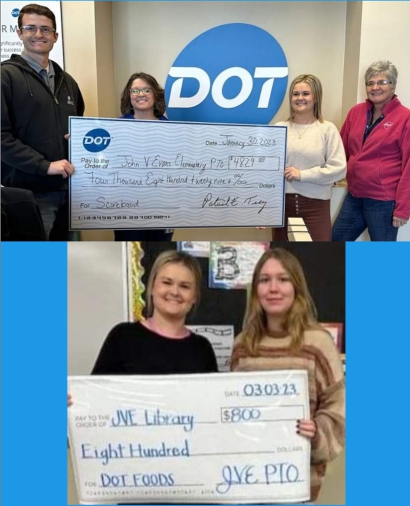 A Thank You to DOT FOODS! Pictured members of PTO with checks from Dot Foods for scoreboard and new books for the library