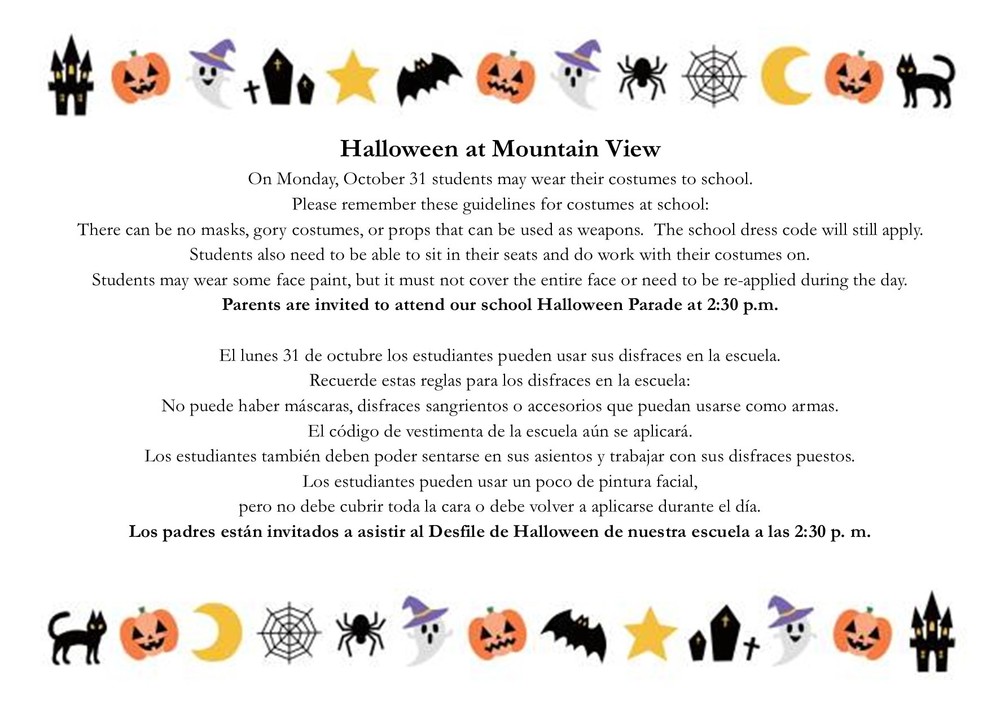 Halloween at Mountain View - parade at 2:30, costumes allowed if they are school appropriate