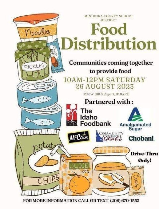 Food Distribution Event Saturday, August 26, 2023, from 10 AM-12 PM at 292 W 100 S, Rupert, Idaho